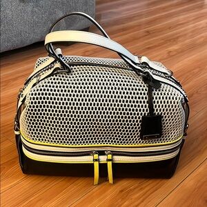 Stylish Black and White Mesh Duffel Bag with Yellow Accents